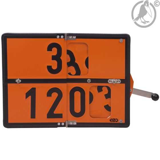 Klappbare Gefahrguttafel ADR mit Drehwechsel für Benzin und Diesel-Heizöl, aus Edelstahl 400 x 300 mm