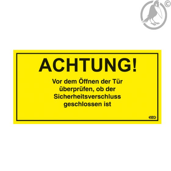 Aufkleber für Container "Achtung"! Vor dem Öffnen der Tür überprüfen ob der Sicherheitsverschluß geschlossen ist!", aus wetterfester Folie, 210 x 105 mm