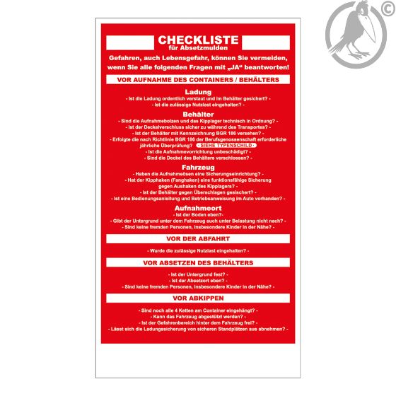 Checkliste für Absetzmulden als Aufkleber aus wetterfester Folie, selbstklebend, 114 x 200 mm