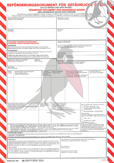 Beförderungsdokument für gefährliche Stoffe (IMO-Erklärung)