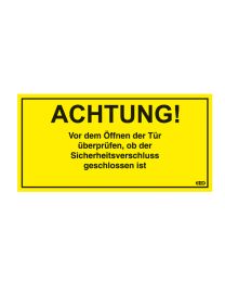 Aufkleber für Container "Achtung"! Vor dem Öffnen der Tür überprüfen ob der Sicherheitsverschluß geschlossen ist!", aus wetterfester Folie, 210 x 105 mm